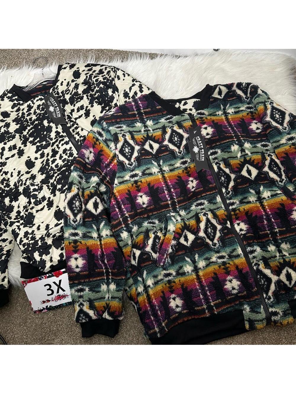 Crazy Train 3X Reversable Fleece Jacket - Aztec & Cow Print